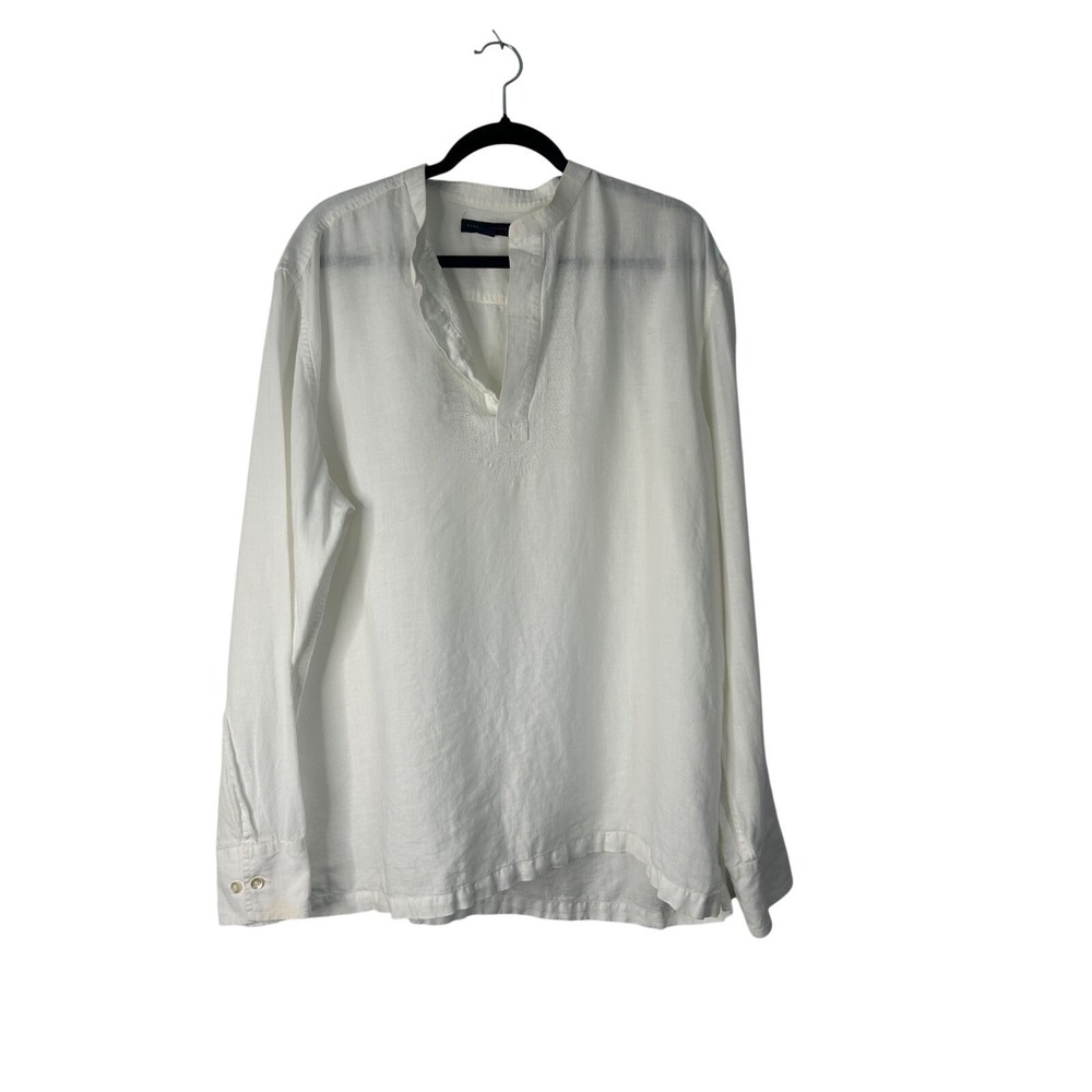 Banana Republic Popover Top XL White 100% Linen Long Sleeve V-Neck Lagenlook